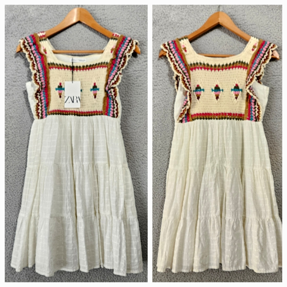 Zara Girls Crochet Dress Size 13-14 L White Cream Sleeveless Cotton Summer Boho - Picture 3 of 10